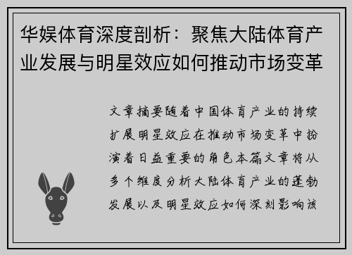 华娱体育深度剖析：聚焦大陆体育产业发展与明星效应如何推动市场变革